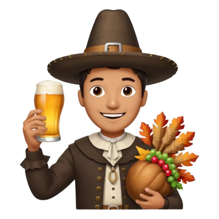 Mexican man dressesd as a Thanksgiving Pilgrim  holding a Turkey drumstick and a Corona beer sticker