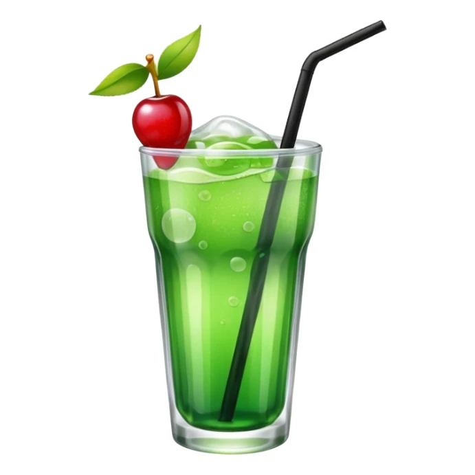 Create an emoji with a clear rounded glass, bright transparent green soda with fine bubbles, a smooth vanilla scoop, a glossy red cherry, and a black straw, using vibrant colors, soft shading, and clear glass highlights.
 sticker