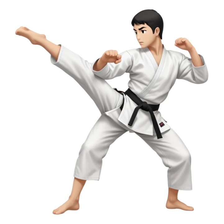 A disciplined karateka in white gi and black belt, performing a mid-side kick pose, calm facial expression with focused eyes, minimal but powerful, traditional Japanese dojo feel sticker