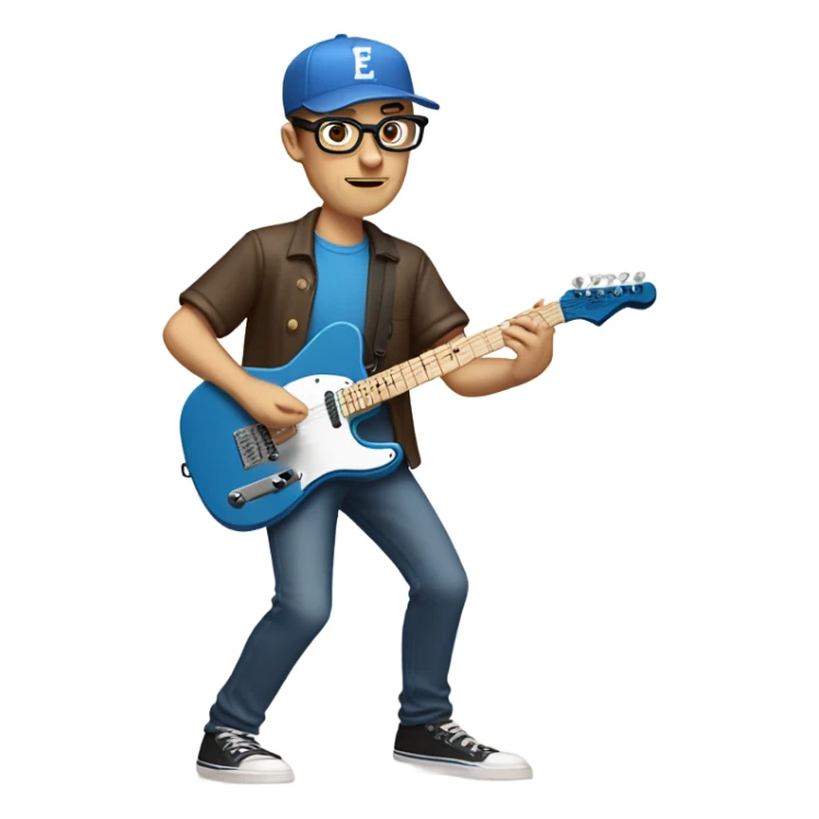 A nerdy white guy with glasses with short brown hair wearing a baseball cap playing a blue classic telescaster sticker