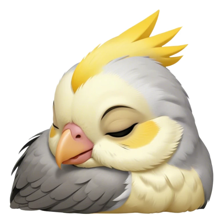 Meme-Worthy Cute Sleeping Cockatiel Portrait Emoji, Head resting peacefully with a contented smile, showcasing a delicate, slender build and a luxuriously soft grey fur with gentle yellow accents, eyes shut in a serene nap, Simplified yet hilariously adorable features, highly detailed, glowing with a soft, drowsy light, high shine, relaxed and utterly lovable, stylized with an air of playful laziness, bright and heartwarming, soft glowing outline, capturing the essence of a comically sleepy cockatiel, so meme-worthy it feels like it could instantly become the next viral sensation of adorable slumber! sticker