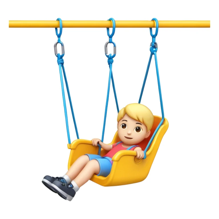 iOS-style 3D emoji: a colorful plastic child swing with a safety bar in front, hanging from two ropes, glossy surface and soft shadows sticker