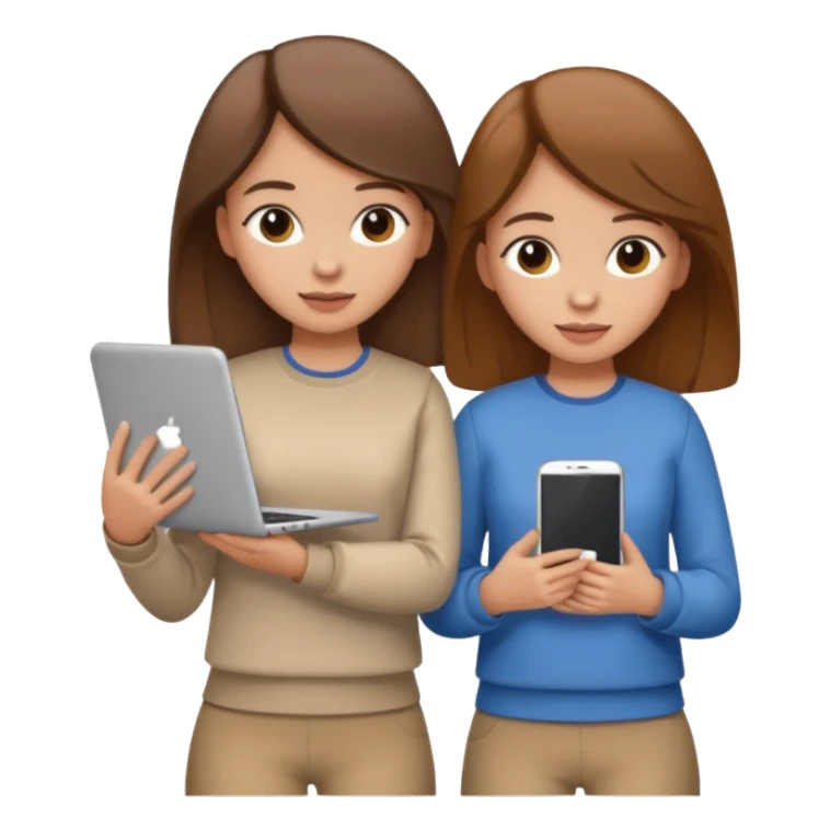 two brown haired girls, looking professional maybe leaned on each others back and looking forward and using phones, with longer hair and with some cute clothes without ties, one girl can hold lap top another one can hold the phone sticker