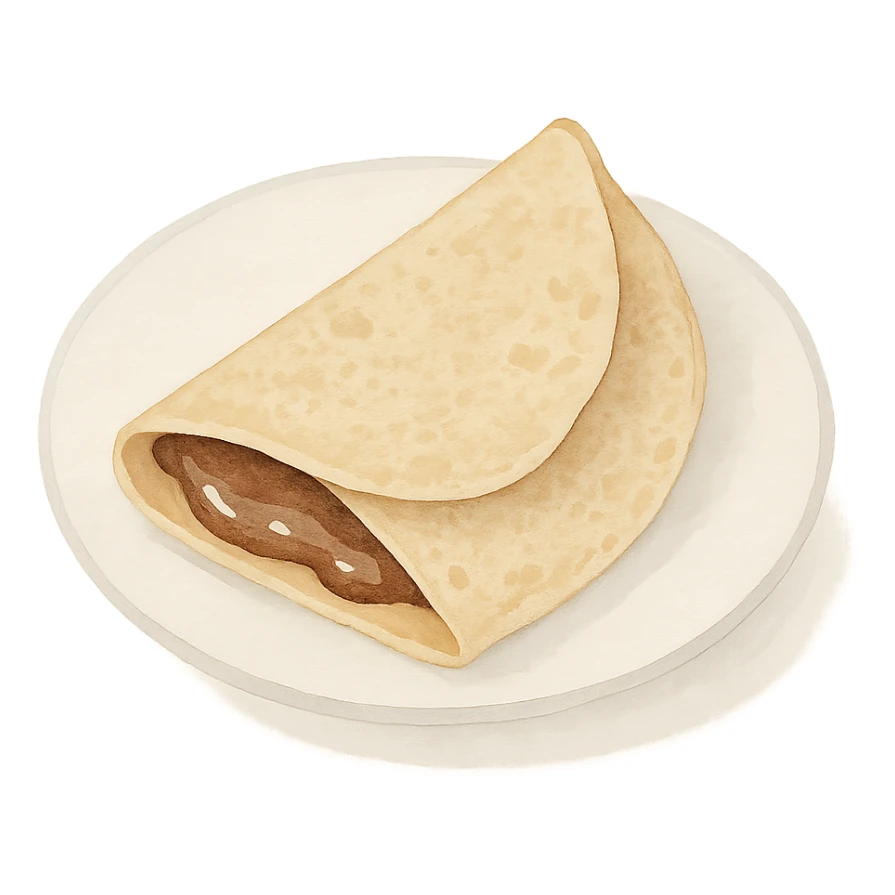 watercolor style french crêpe with delicate texture, served on a plate, filled with chocolate, some chocolate visible sticker