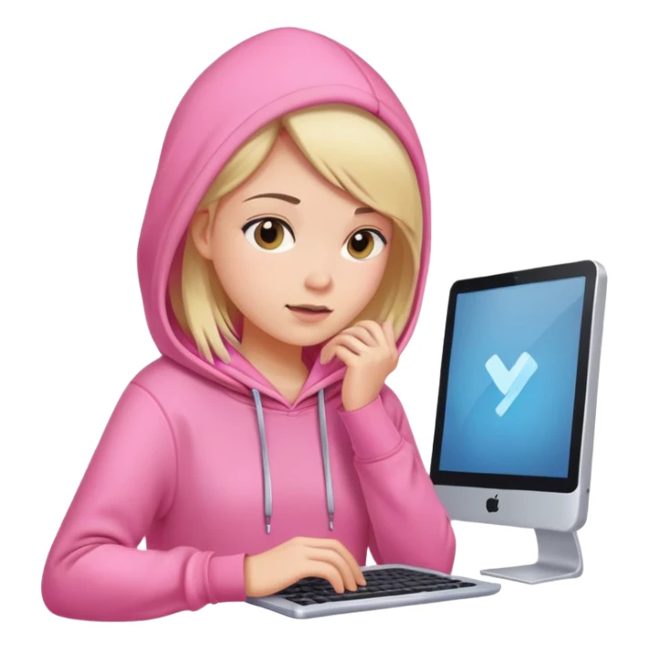 busy girl with computer in pink hoodie  sticker
