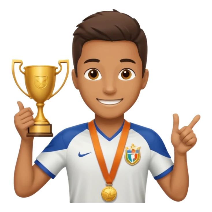 Happy light soccer player with a first-place medal and a trophy
 sticker