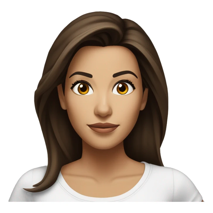 3/4 face, contrasted, shadow, light, Eva Longoria expression, standing from a distance, thin nose, brunette woman, hazel eyes, long eyelashes, dark shoulder shaded hair, white t-shirt, jeans, white sneakers sticker