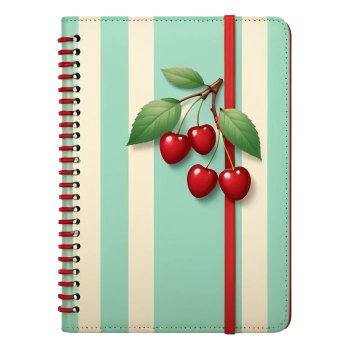 Cute vintage notebook cover, mint and cream vertical stripes, red spine
Hand-drawn cherries with leopard bow, playful feminine aesthetic
Flat illustration, clean composition, soft retro color palette sticker
