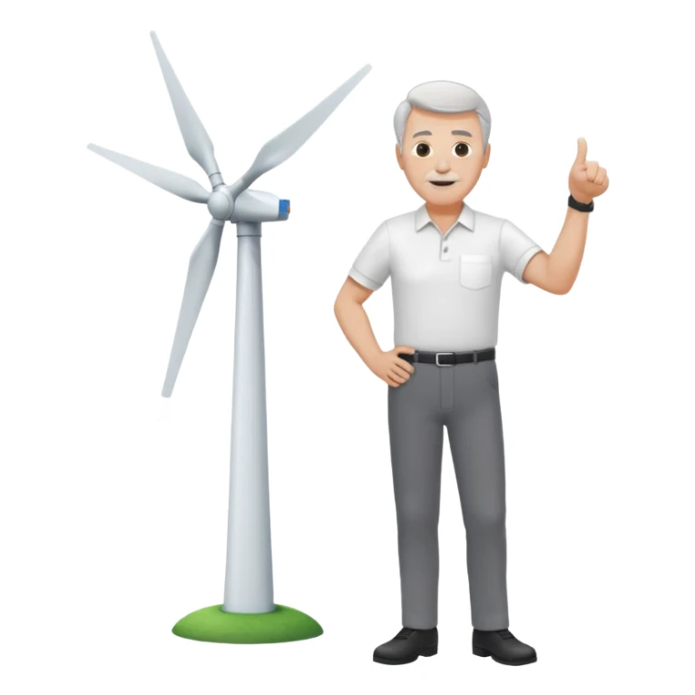 an older white man with grey hair and a white shirt and black pants doing a thumbs up pose, standing next to a single silver wind turbine sticker