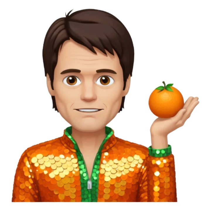 Jim Carrey with dark brown hair, orange sequin outfit sticker