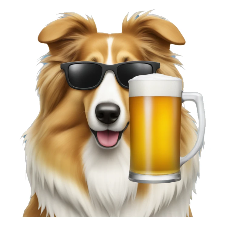 Rough collie dog wearing sunglasses drinking a beer sticker