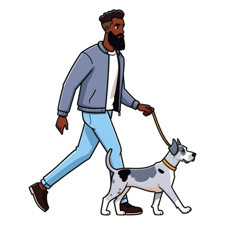 man and dog, tall bearded dark-skinned man walking blue Merle Great Dane, illustration style sticker