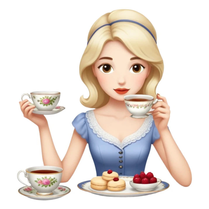 Elegant British girl drinking afternoon tea with scones and teacup, proper posture sticker