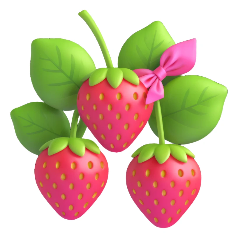 Two strawberries with green leaves, connected by stems, tied with a pink ribbon bow, shiny and glossy, on a white background in 3D iOS emoji style. sticker
