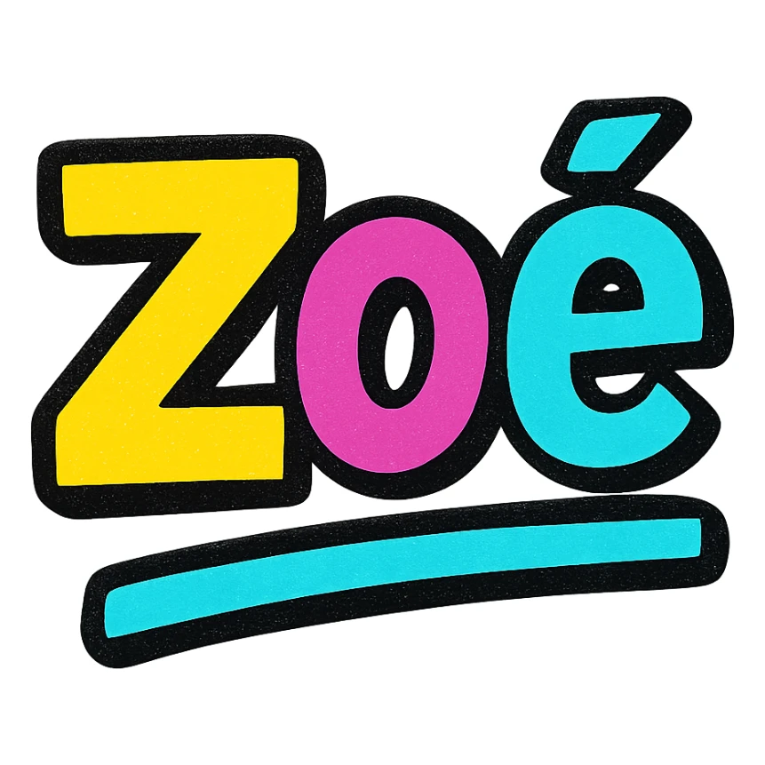 Zoé name in modern colorful gradient font with dark outline, dynamic slanted or partial underline, transparent background, in the style of reference patterns sticker