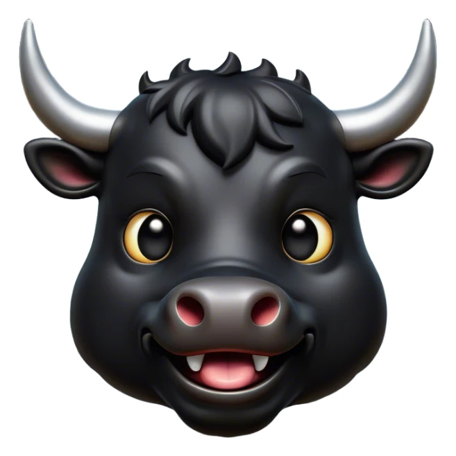 Cinematic Comical Black Bull Portrait Emoji, Head tilted dramatically with an exaggeratedly amused expression, featuring a striking, glossy black hide with a bold natural sheen, wide, expressive dark eyes filled with playful disbelief, Simplified yet hilariously expressive features, highly detailed, glowing with a slightly sassy glow, high shine, dramatic yet playful, stylized with an air of cheeky mischief, bright and endearing, soft glowing outline, capturing the essence of a spirited and over-the-top bull, so meme-worthy it feels like it could charge its way into internet fame instantly! sticker