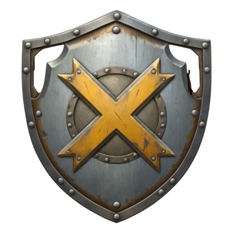 a battle worn steel shield with engraved text "XXX", the text should be prominent and in the center of the shield sticker
