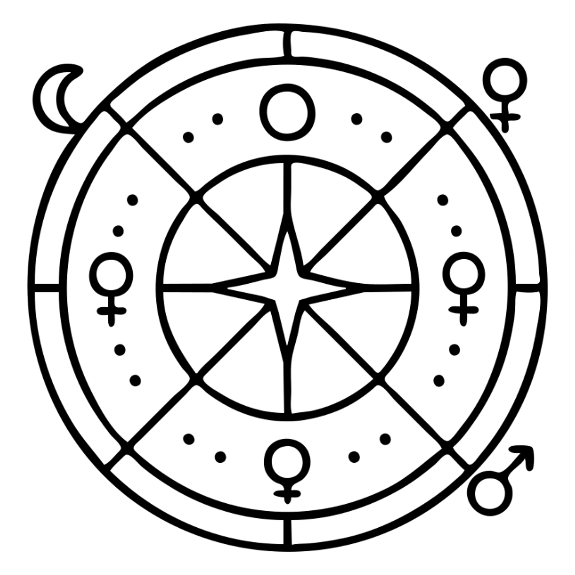 vintage astrology natal chart icon with intricate celestial symbols, mystical and ornate, outlined, no fill sticker