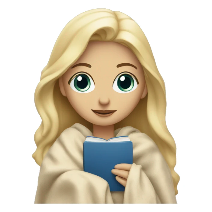 blonde with blue eyes in a blanket with a beige book in her hands sticker