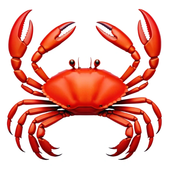 Cinematic Noble Red Crab Portrait Emoji, Poised and commanding, with a sturdy, angular exoskeleton of vivid scarlet red and sharply defined pincers, deep-set, intense eyes on stalks, Simplified yet sharp and sophisticated features, highly detailed, glowing with a soft, oceanic glow, high shine, intelligent and formidable, stylized with an air of coastal authority, focused and alert, soft glowing outline, capturing the essence of a watchful crustacean guardian that appears ready to scuttle out of the screen with determined power! sticker