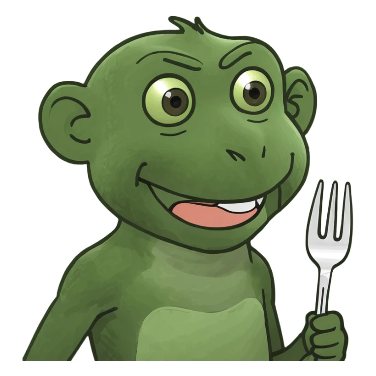 happy monkey holding a fork in his hand ready to eat lunch sticker