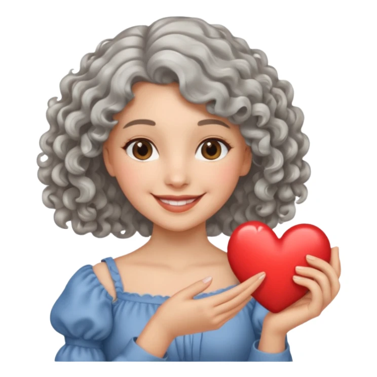 silvery curly/wavy shoulder-length hair smiling lady holding a heart sticker