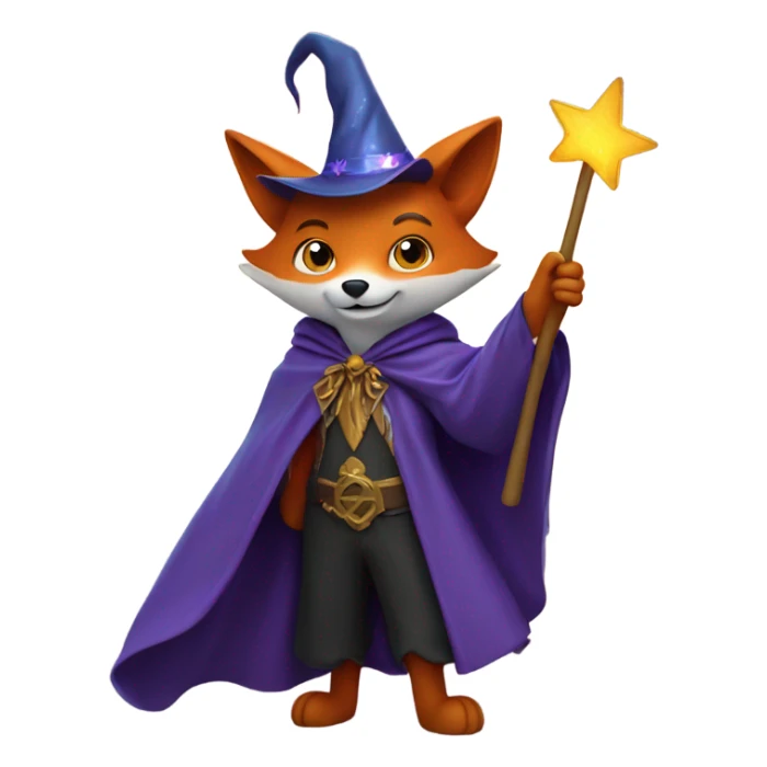 fox with a wizards cape and hat holding a magic wand surrounded by stars sticker