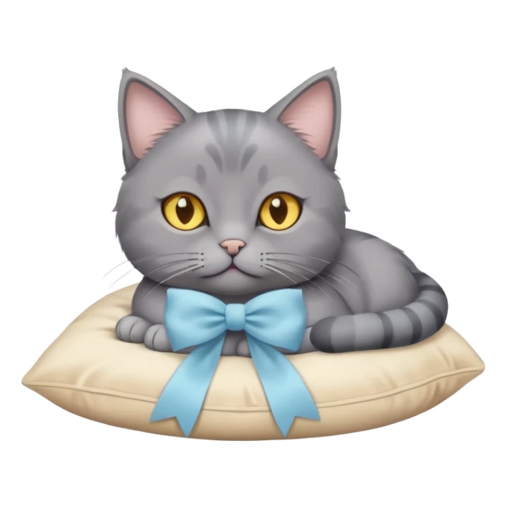 A grey cat with yellow eyes and a light blue bow sits on a beige pillow



 sticker