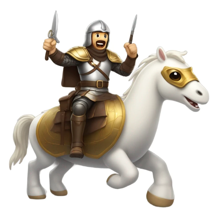 Confident armored White Man with dark brown hair and a short beard pointing forward with one arm yelling a battle charge while riding on the back of a giant armored duck sticker