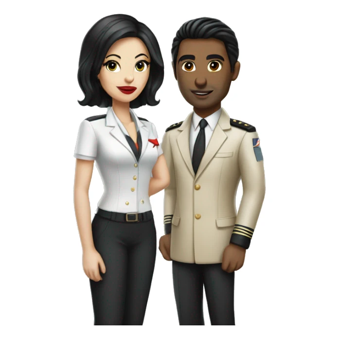 Flight attendant with long black hair, red lips and white skin with a pilot man with beige skin and black hair sticker