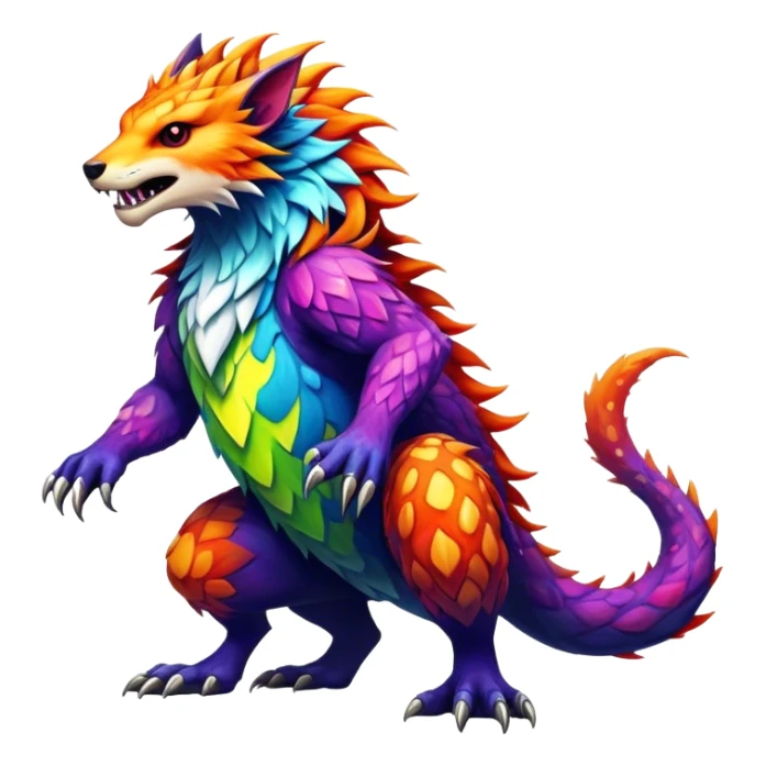 a vibrant colorful edgy vernid-fionbri-creature with splashed-scale-patterns full body sticker