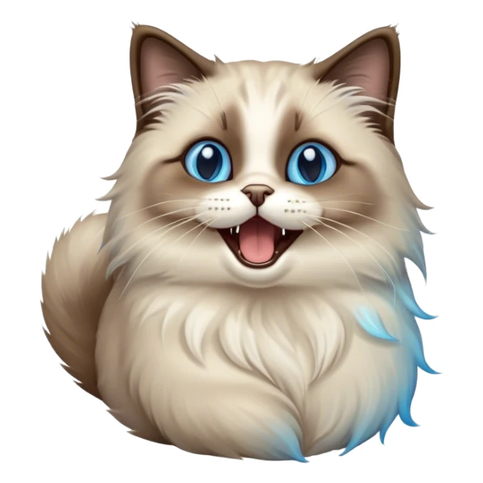Cinematic Adorable Fluffy Brown Seal Ragdoll Cat Portrait Emoji, Head tilted cutely with big, sparkling blue eyes, soft brown seal-colored fur with darker points on the ears, face, and paws, Simplified yet irresistibly adorable features, highly detailed, glowing with a soft, warm glow, high shine, yawning in a peaceful and playful manner, stylized with a touch of whimsy, bright and endearing, soft glowing outline, capturing the essence of a relaxed and loving kitten, so cute it feels like it could leap out of the screen and stretch into a cozy nap! sticker