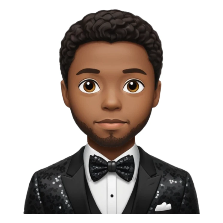  Chadwick Boseman with dark brown hair, black sequin suit with bow tie sticker