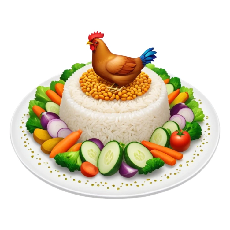 Magical floating plate with ethereal glowing rice, chicken pieces surrounded by sparkles, and enchanted Puerto Rican Boricua mix vegetables sticker