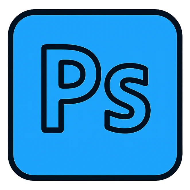 Photoshop app icon, bold color outline, simple shapes, professional look sticker