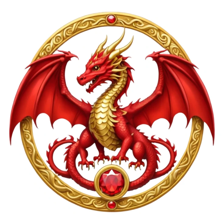 Golden Dragon with wings crest/brosch in a circle with red gems sticker