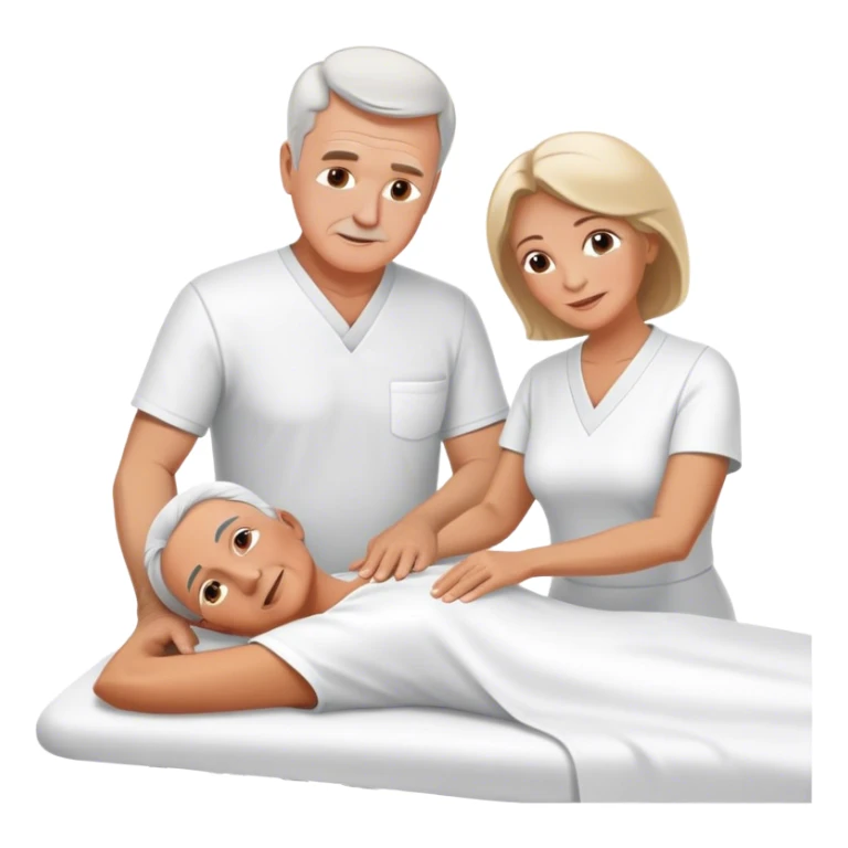 60-year-old white man dressed in white tunic giving massage to a 60-year-old white woman sticker