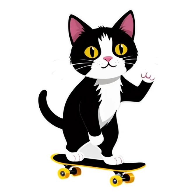 Cute Black and white cat skateboarding  sticker