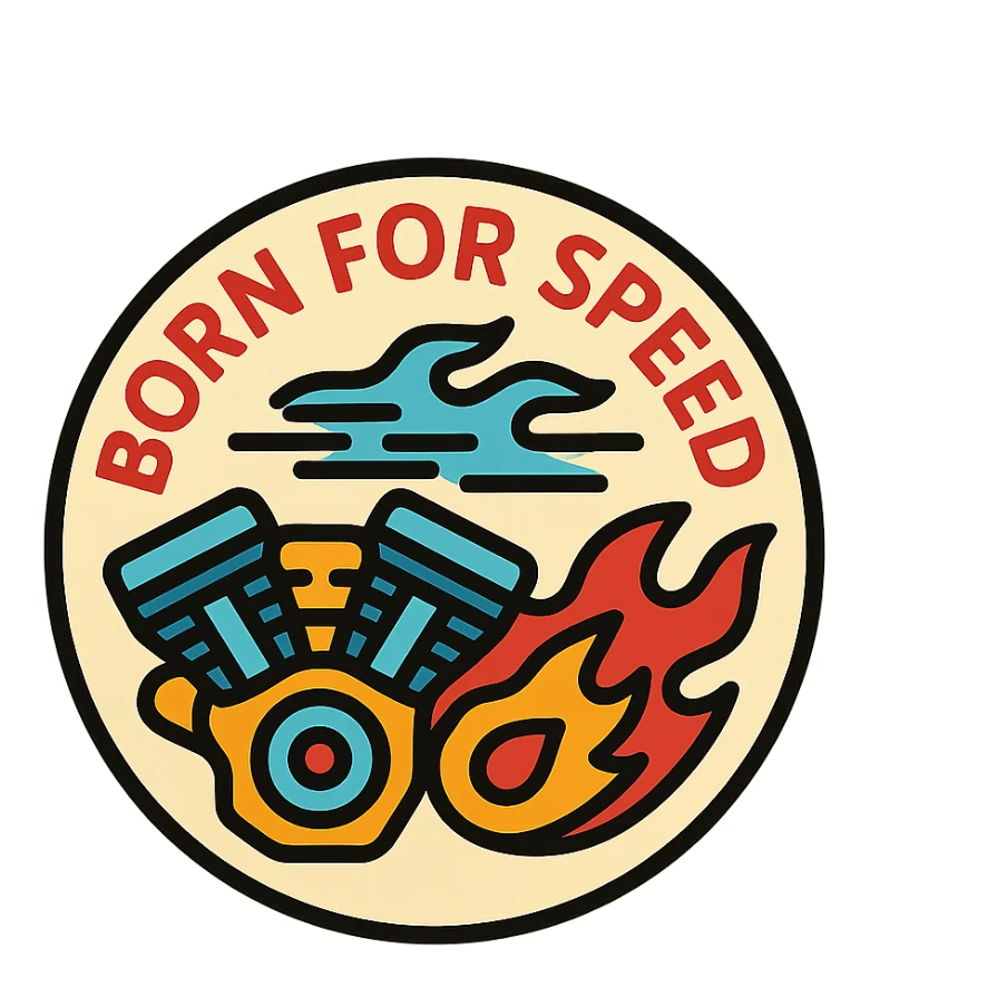 circular motorcycle cap design with the English phrase 'Born for Speed', featuring motorcycle motifs like motor, flame, wind, speed style sticker