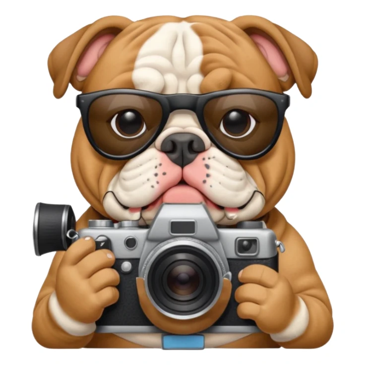 English bulldog tour guide with sunglasses and a camera sticker