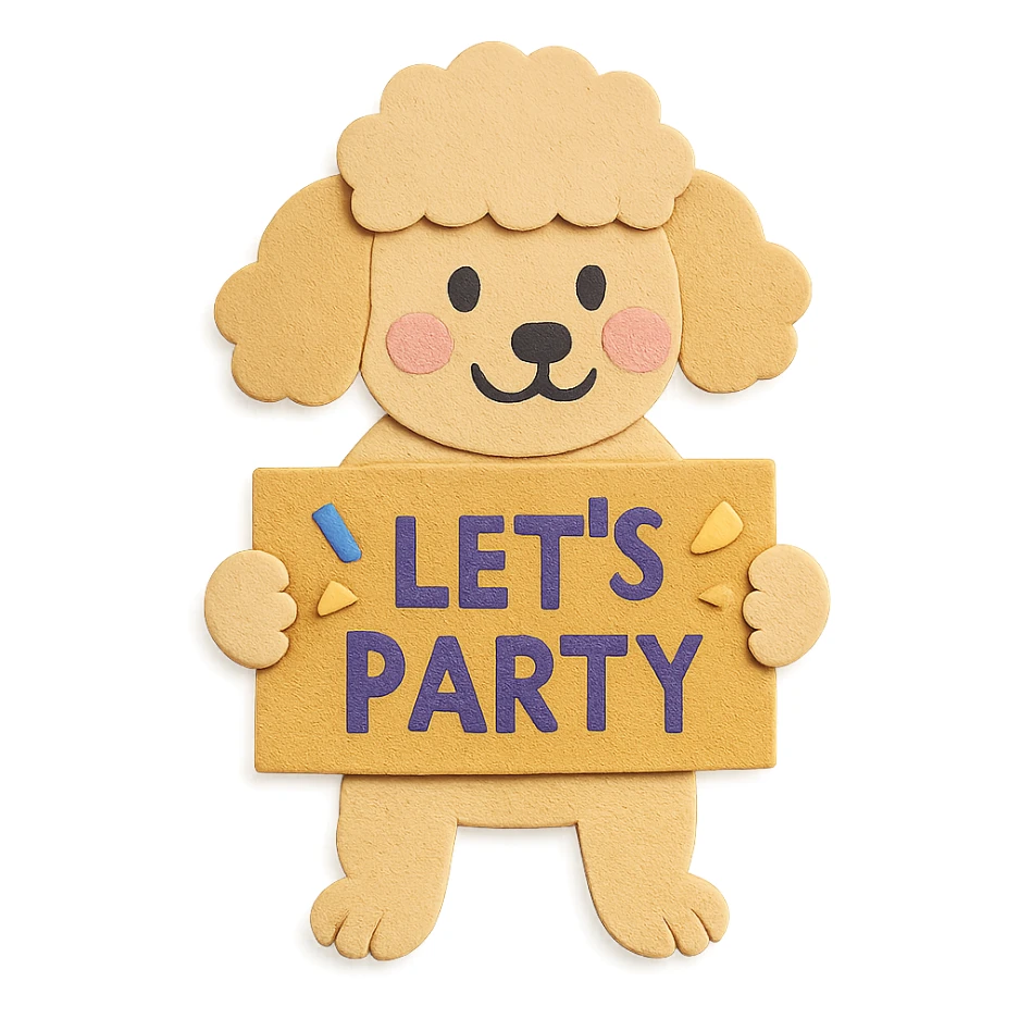 smiling poodle holding a confetti sign board with the text "Let's Party", cheeks blushing, paper-craft style sticker