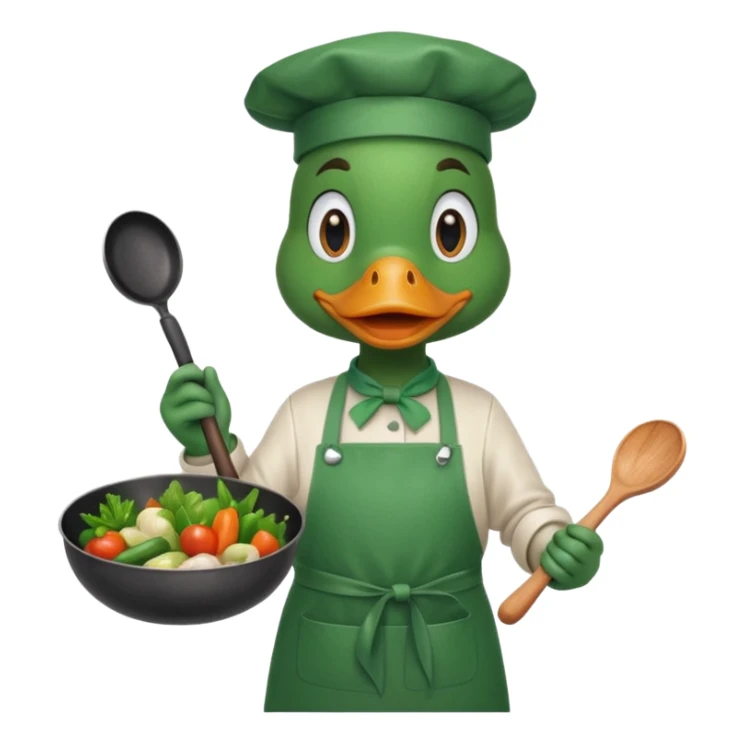 A duck holding a frying pan with vegetables, wearing green apron sticker