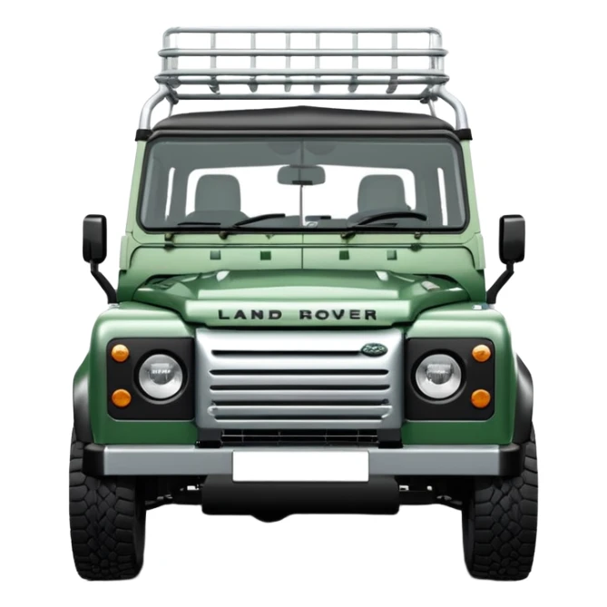 Land Rover Defender 110 2.4Tdci in Aintree Green with silver alloy wheels and black roof rack, emoji style, front view sticker