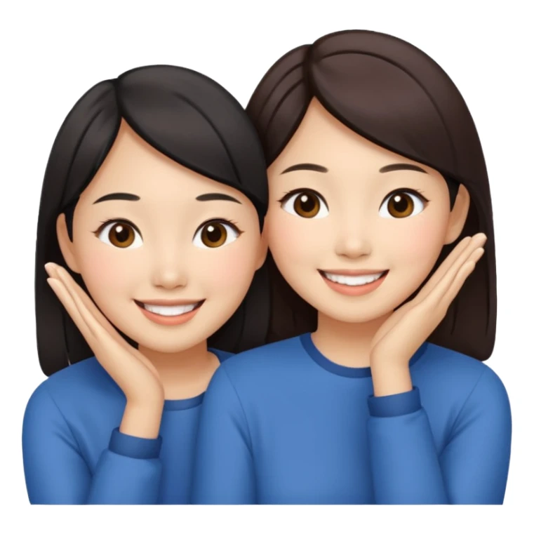 Two happy asian women beside each other touching their cheek sticker
