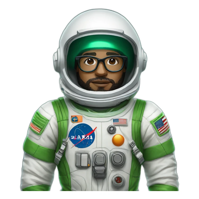 Light skin Man with black short curly hear and beard and black glasses wearing a green and white astronaut suit and helmet sticker