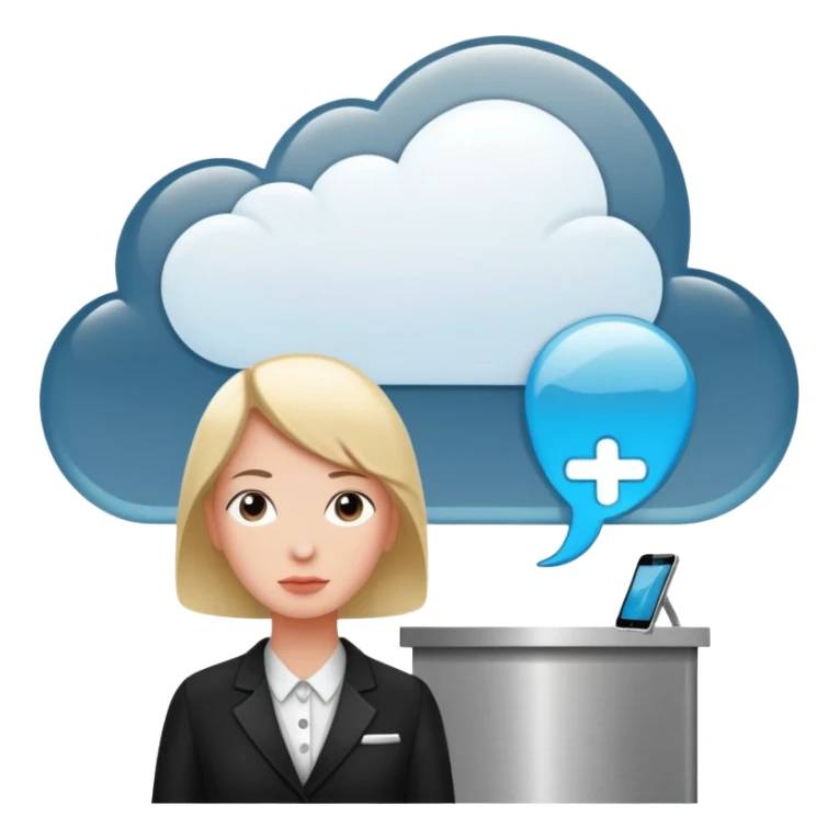 A thinking person with a thought cloud showing a modern hotel reception sticker