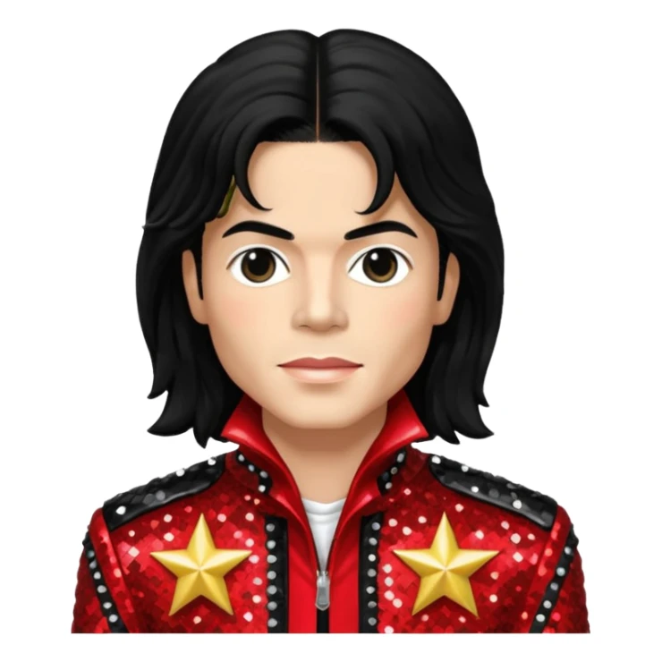 Michael Jackson with black long hair, red sequin jacket, black shirt, light skin sticker
