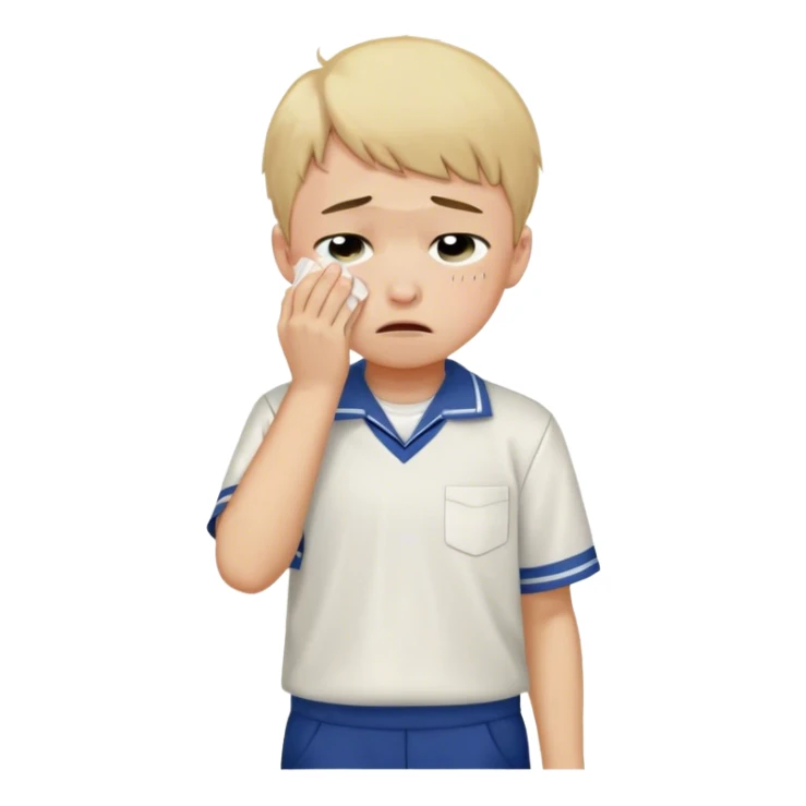 Create an emoji of a young boy student crying. He is wearing a school uniform, including a shirt and pants, and has short hair. The boy is visibly upset, with tears streaming down his face, and he is wiping his eyes with his hand. The background should be simple to emphasize his emotional state, conveying the feeling of being overwhelmed with school stress or personal struggles sticker
