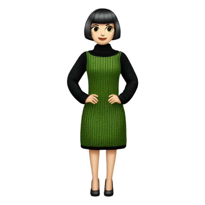 A Romanian woman with a short bob haircut featuring bangs and green eyes, wearing an elegant, straight-fit chunky knit dress with a twist pattern. She completes her look with black heels and dark brown shimmering stockings. sticker