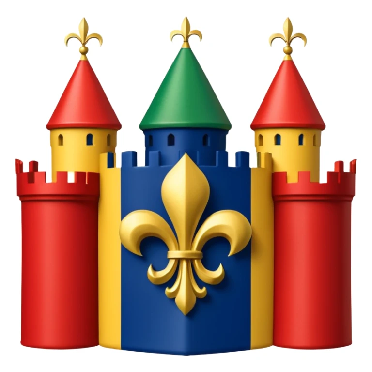Louisiana Creole flag in 4 boxes: gold fleur-de-lis on deep blue/black; green, yellow, red stripes in upper right and lower left with green star in upper right; yellow castle on red in lower right. Flat vector, clean, high contrast, clear at small size. sticker